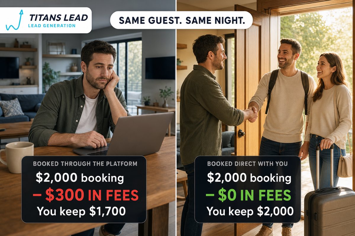 Same guest and same night booked two ways: through the platform, a $2,000 booking loses $300 in fees leaving $1,700, versus booked direct where the host keeps the full $2,000.