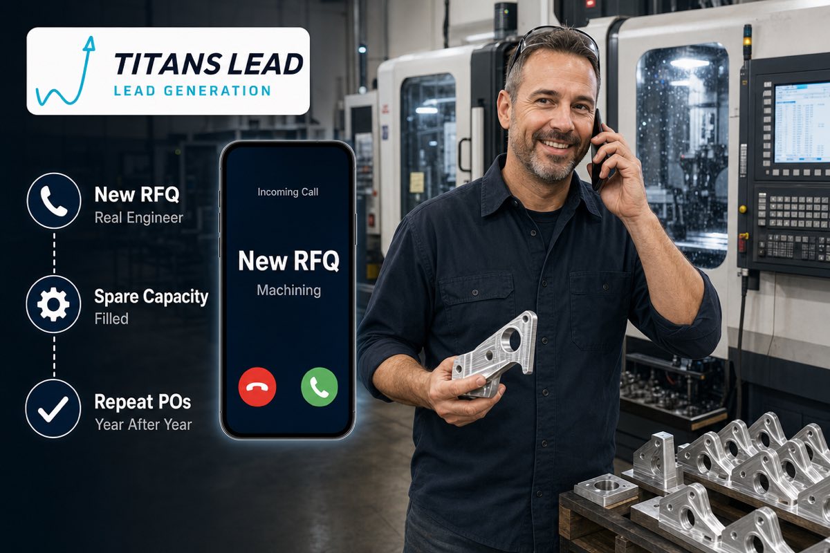 A CNC machine shop owner on his shop floor taking a call about a new machining RFQ, holding a freshly machined aluminium bracket.