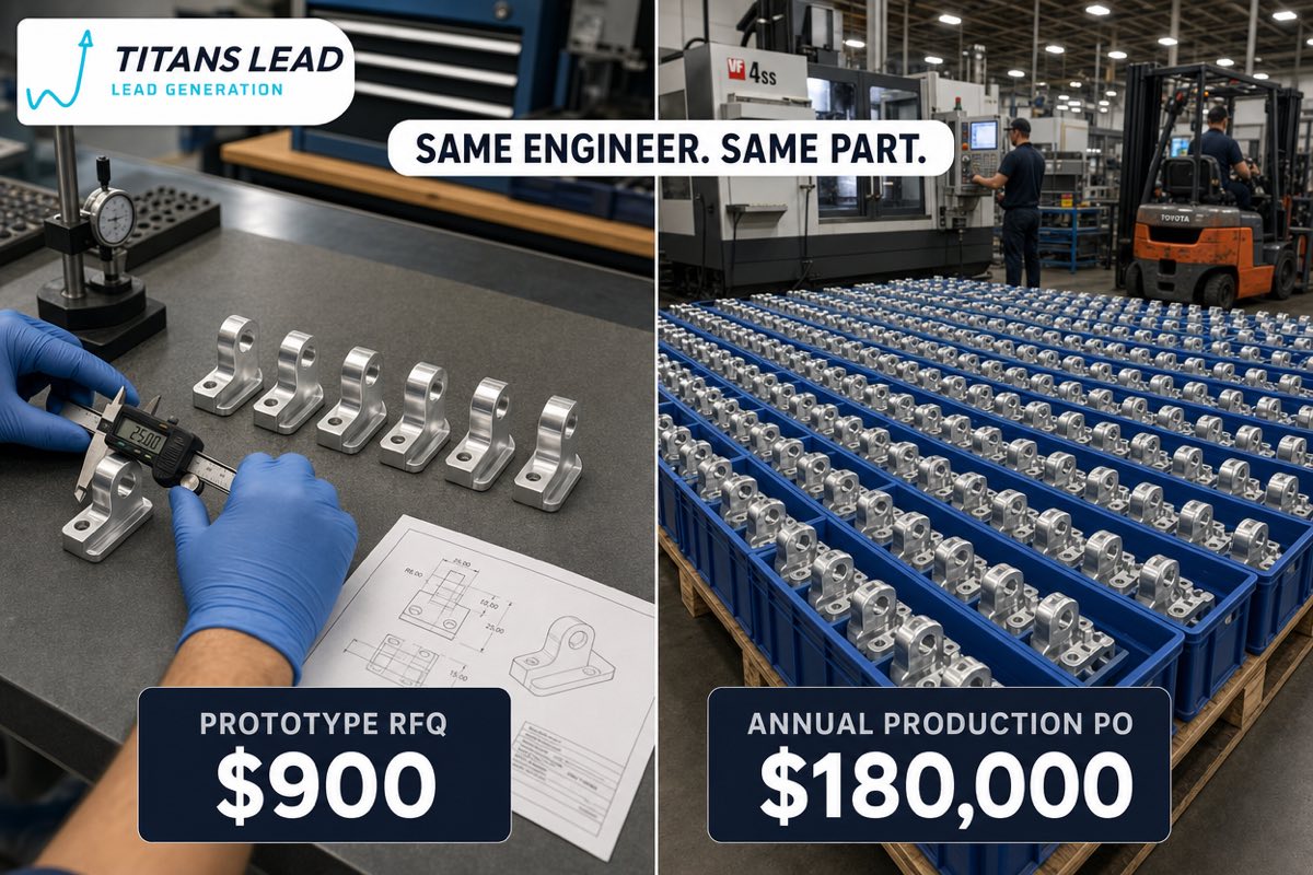 Same engineer, same part: a $900 prototype RFQ for six machined brackets, and the same bracket in a $180,000 annual production purchase order.