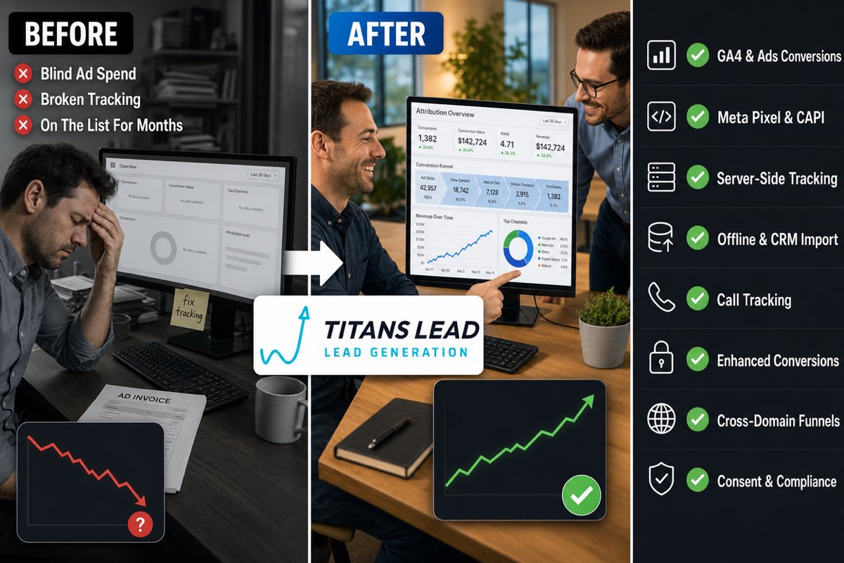 Before and after: from blind ad spend, broken tracking and a job stuck on the to-do list for months, to a working setup covering GA4 and Ads conversions, Meta CAPI, server-side tracking, offline CRM import, call tracking, enhanced conversions, cross-domain funnels and consent.