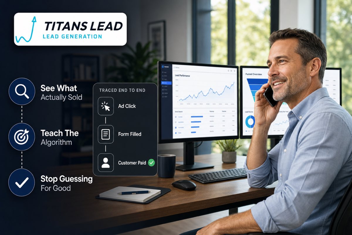 A business owner at his desk taking a call, with clean analytics dashboards showing an ad click traced through to a paying customer.