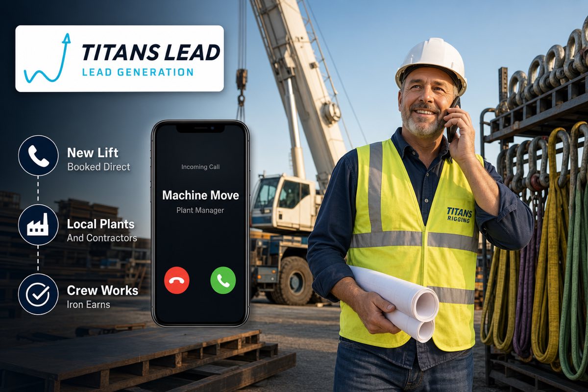 A crane and rigging company owner in hi-vis on his yard taking a call about a machine move, with a mobile crane and lifting gear behind him.