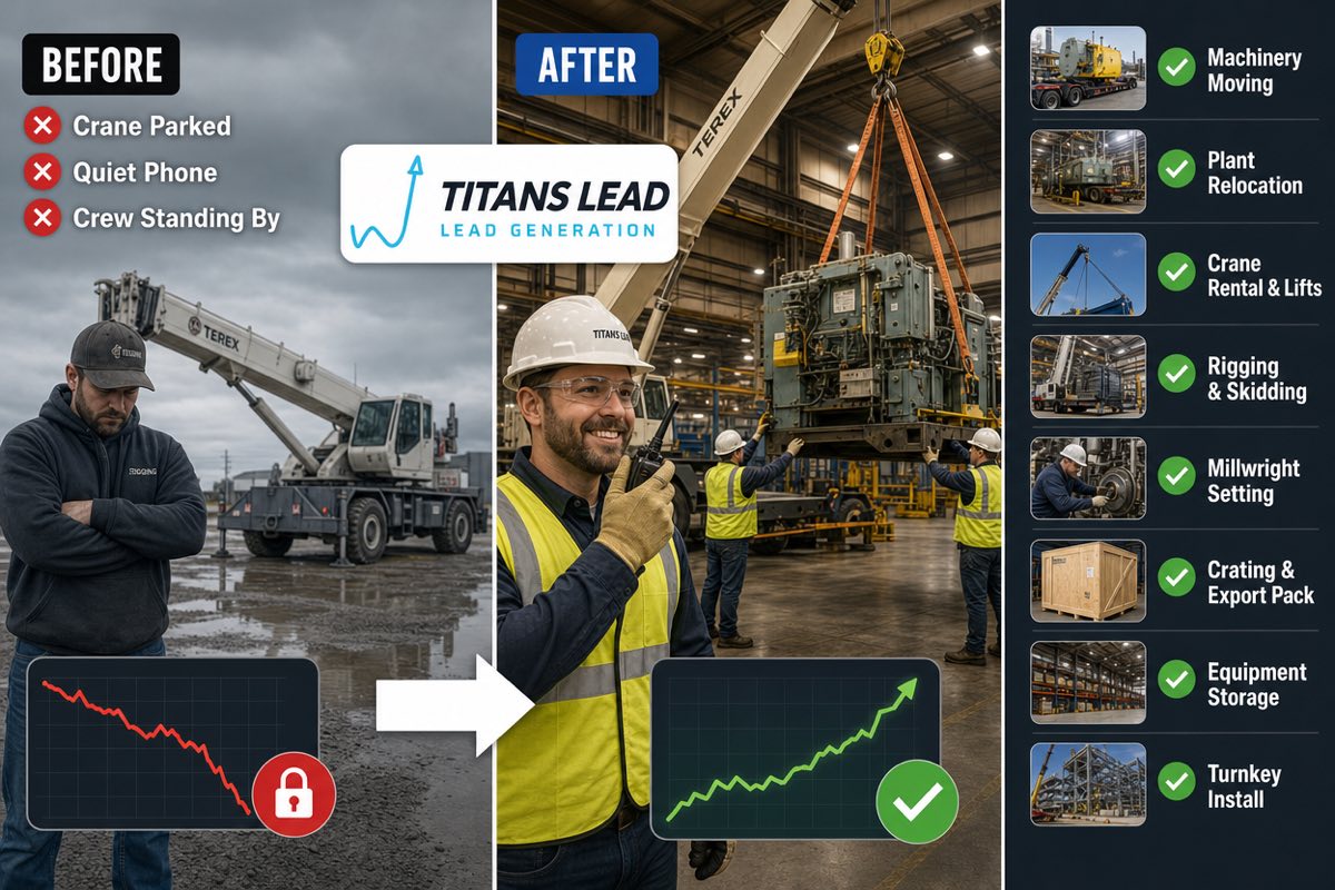 Before and after: from a parked crane, quiet phone and crew standing by, to a busy rigging company handling machinery moving, plant relocation, crane lifts, skidding, millwright setting, crating, storage and turnkey installs.