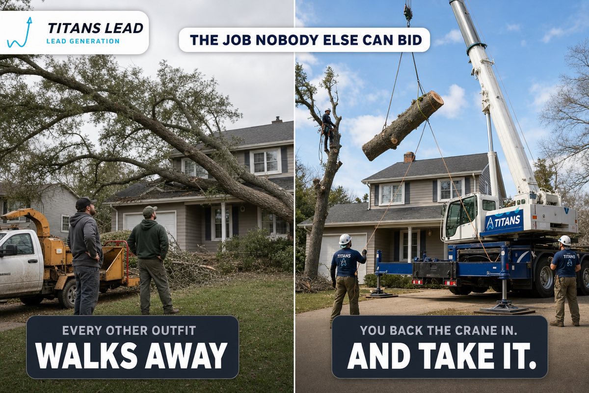 Two tree workers looking up doubtfully at a huge oak leaning over a house and walking away, versus a mobile crane lifting a section of that same tree cleanly over the roof.