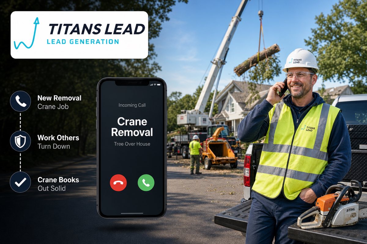 A crane tree removal company owner on a residential job site taking a call, with a mobile crane lifting a tree section over a house behind him.
