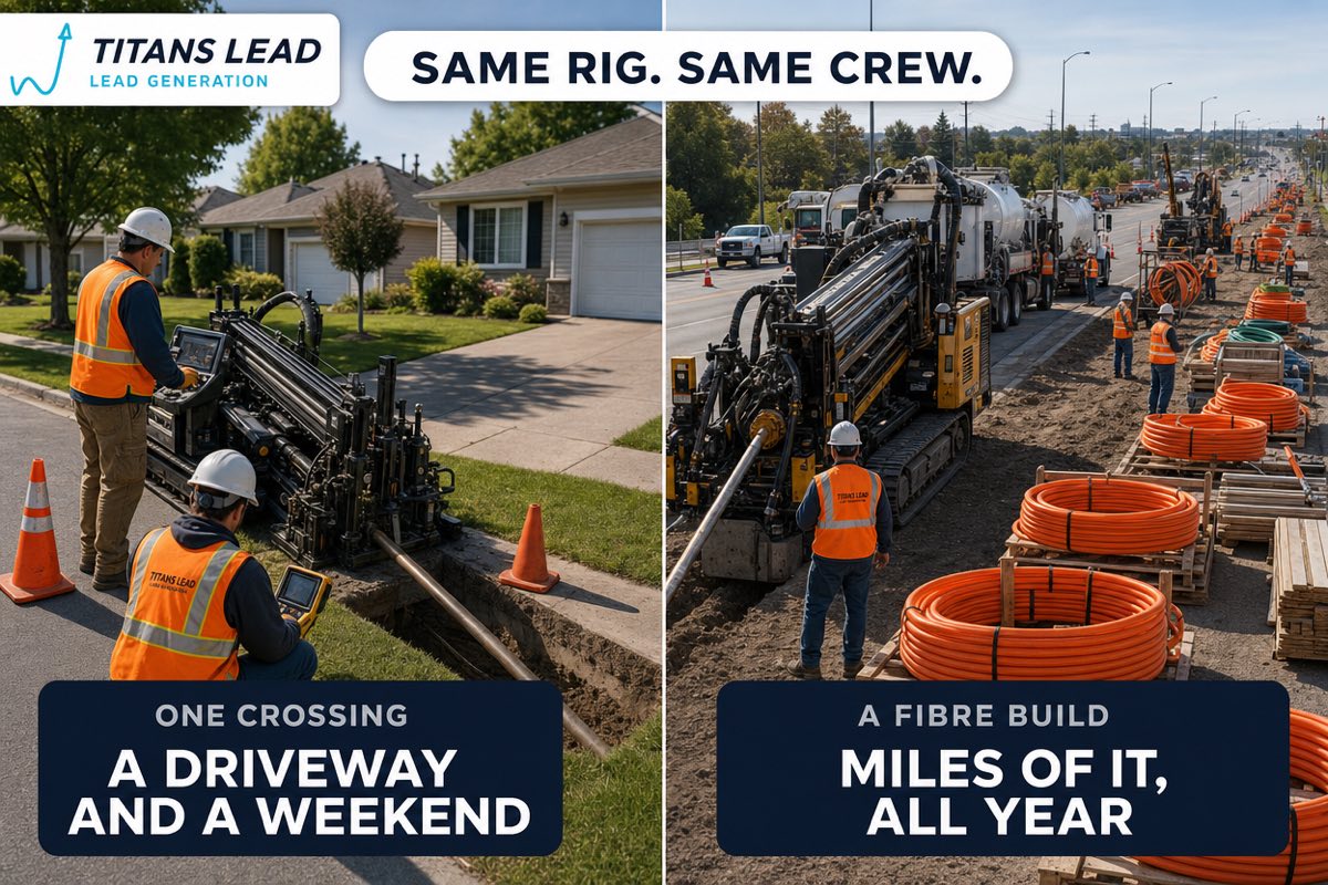 Same rig, same crew: a single directional bore under a suburban driveway taking a weekend, versus a municipal fibre build running for miles along an arterial road with multiple crews and spools of conduit.