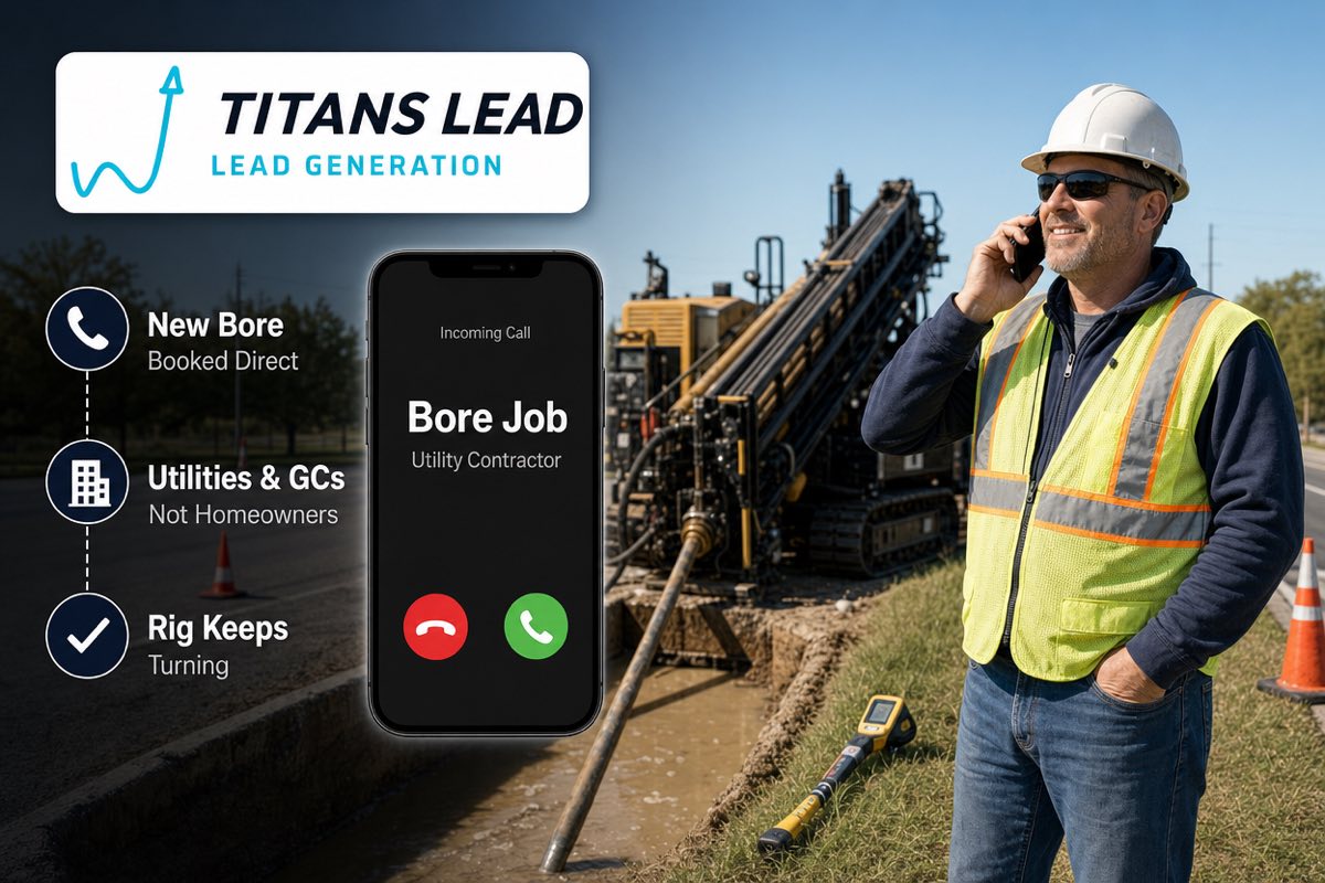 A directional drilling contractor at a roadside bore site taking a call about a new bore job, with a horizontal directional drill rig and drill pipe behind him.