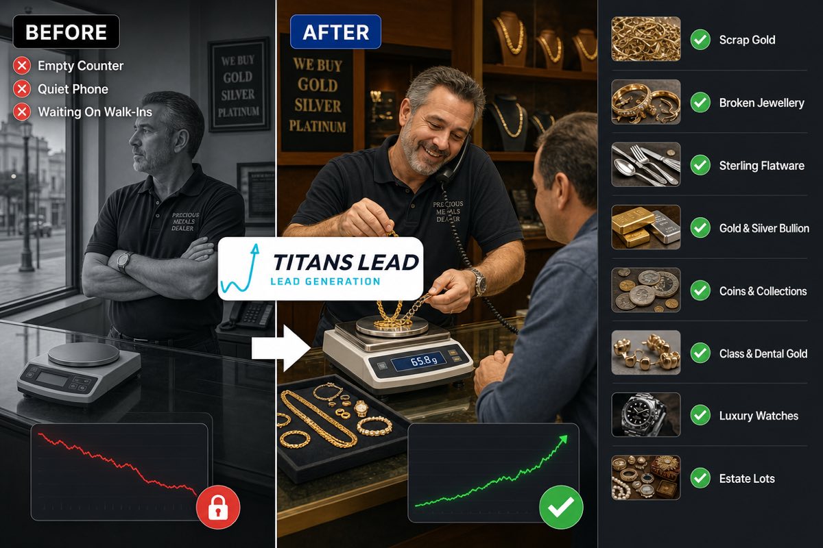 Before and after: from an empty counter and quiet phone waiting on walk-ins, to a busy precious metals dealer weighing scrap gold, jewellery, sterling flatware, bullion, coins, dental gold, watches and estate lots.