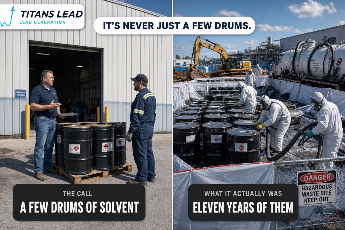 A machine shop manager pointing at a few drums of spent solvent on a loading dock, versus the full-scale hazardous waste remediation it turned out to be, with crews in protective suits and containment sheeting.