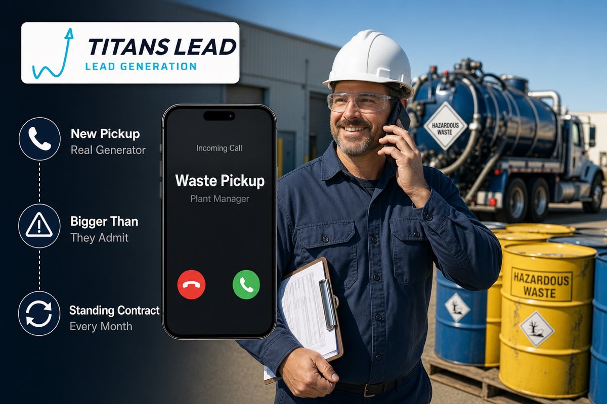 A hazardous waste disposal company owner on his yard taking a call from a plant manager, with sealed waste drums and a placarded vacuum tanker behind him.