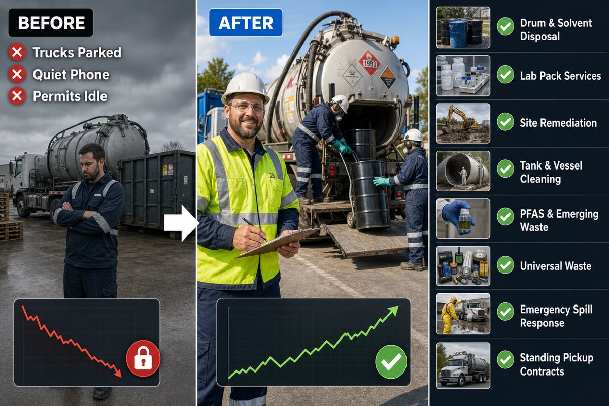 Before and after: from parked vacuum trucks and idle permits to a busy hazmat firm running drum disposal, lab packs, site remediation, tank cleaning, PFAS work, universal waste, spill response and standing pickup contracts.