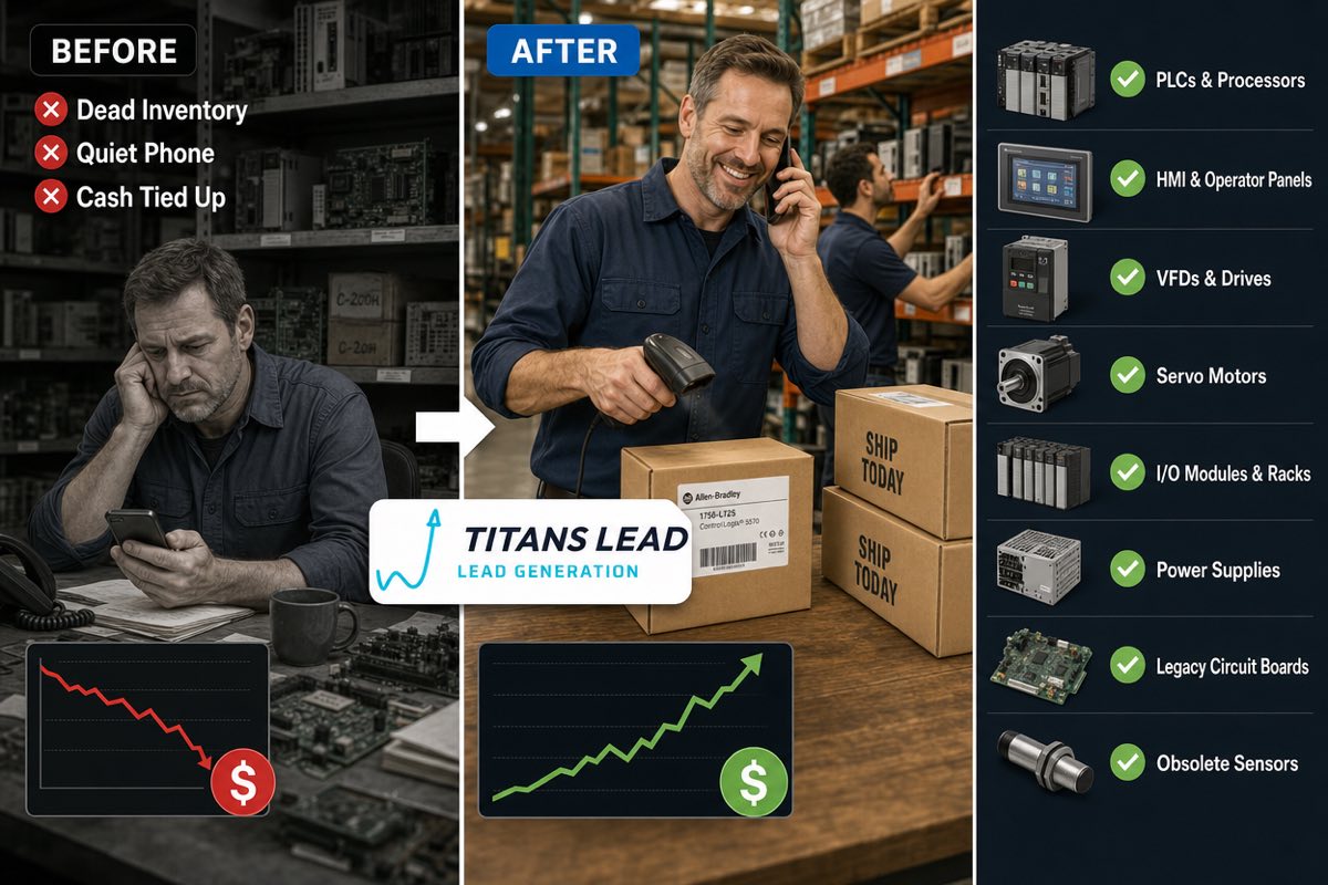 Before and after: from dead inventory, a quiet phone and cash tied up in racking, to a busy parts dealer shipping PLCs, HMIs, VFDs, servo motors, I/O modules, power supplies, legacy circuit boards and obsolete sensors.
