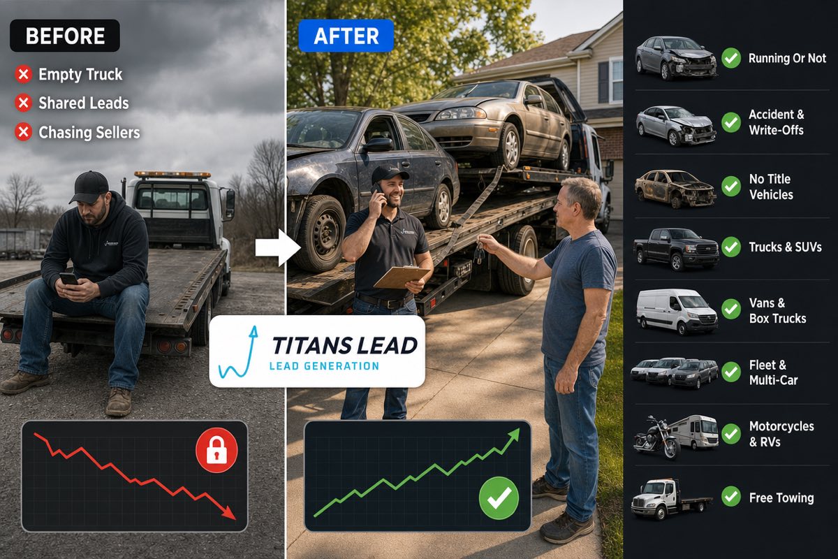 Before and after: from an empty flatbed, shared leads and chasing sellers, to a busy junk car buyer collecting running and non-running cars, write-offs, no-title vehicles, trucks, vans, fleets, motorcycles and RVs with free towing.
