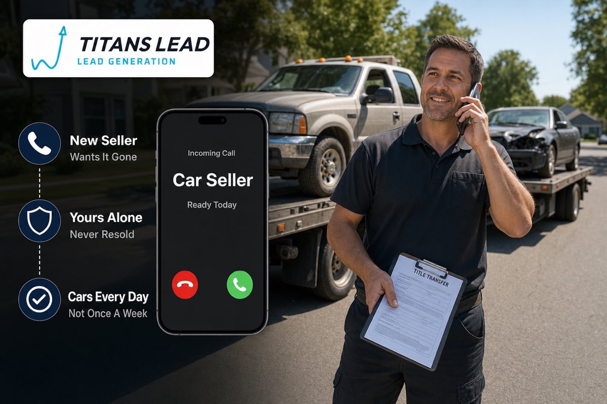 A junk car buyer beside his flatbed tow truck taking a call from a local seller, with an old non-running car loaded behind him.