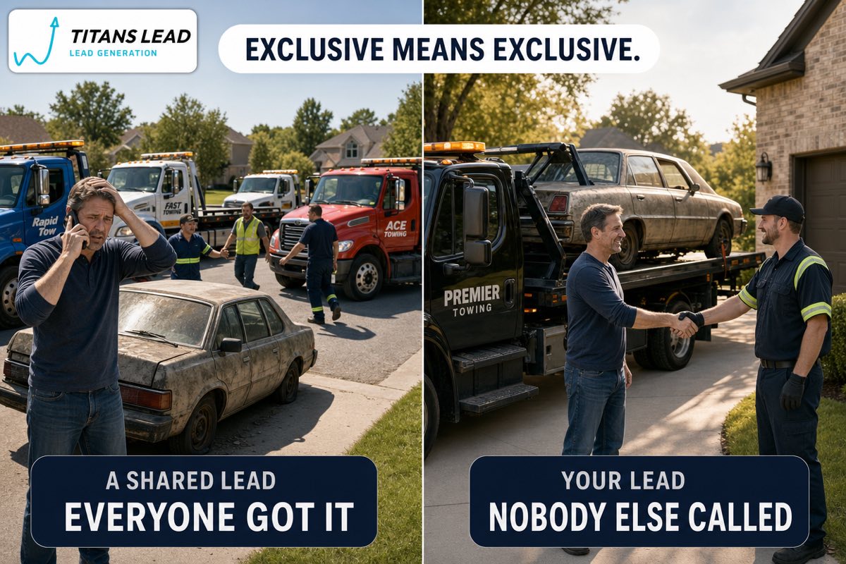 A shared junk car lead where three different tow trucks arrive at the same driveway to compete for one car, versus an exclusive lead where a single buyer shakes hands with the seller and loads the car.