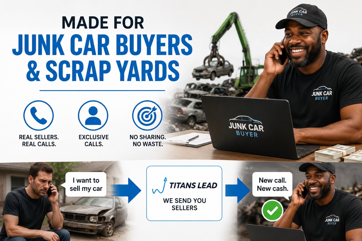 Made for junk car buyers and scrap yards — real sellers, real calls, exclusive, no sharing. A seller says 'I want to sell my car,' Titans Lead sends you sellers, and you get a new call and new cash.