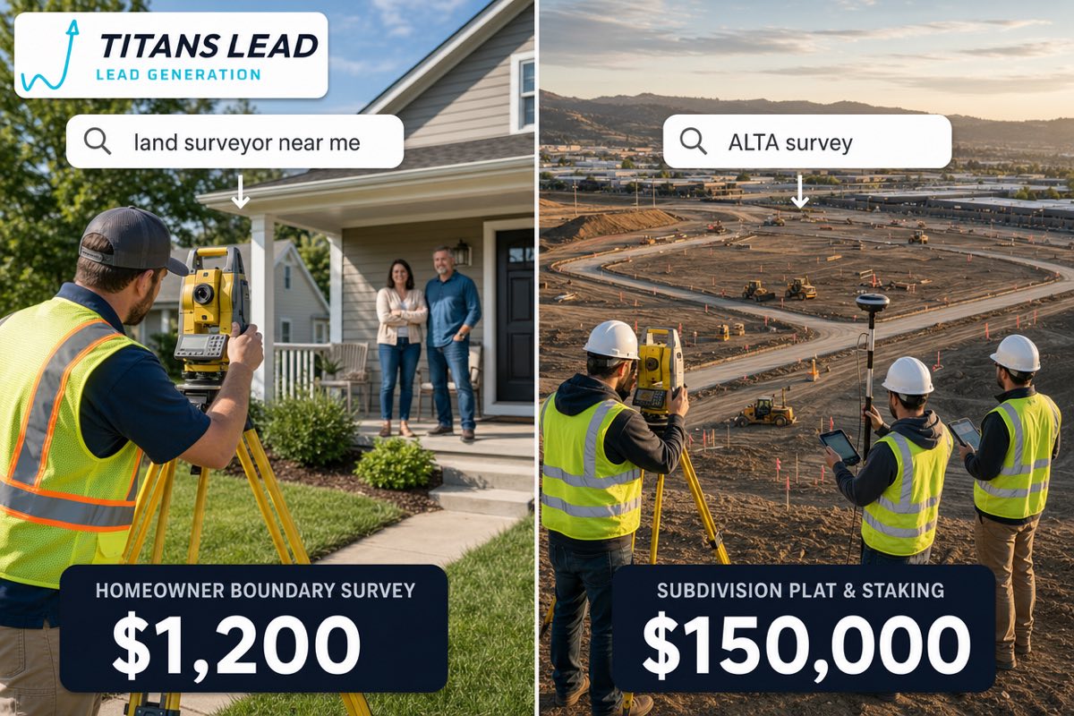 Two different searches: a homeowner searching land surveyor near me leads to a $1,200 boundary survey, while a developer searching ALTA survey leads to a $150,000 subdivision plat and staking contract.