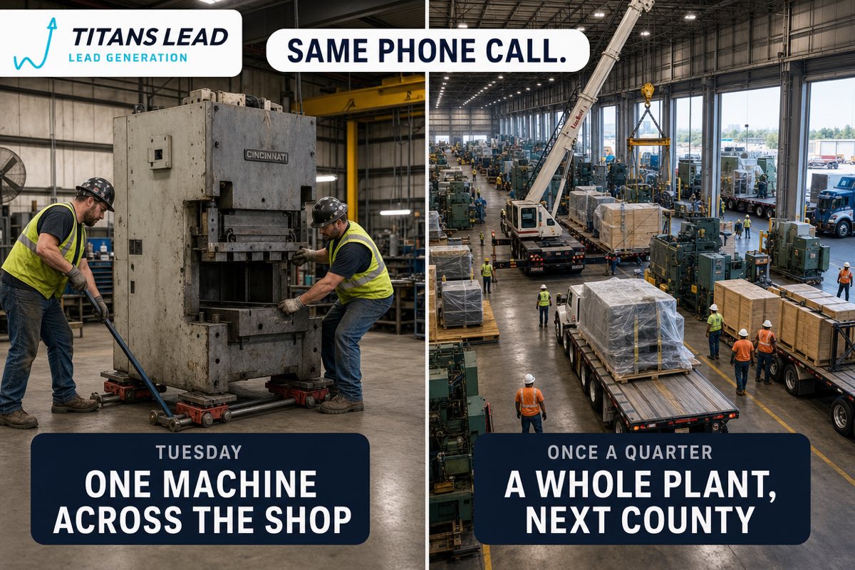 Same phone call, very different job: two riggers skidding one industrial press across a shop floor, versus an entire factory floor being crated and loaded onto flatbeds during a plant relocation.