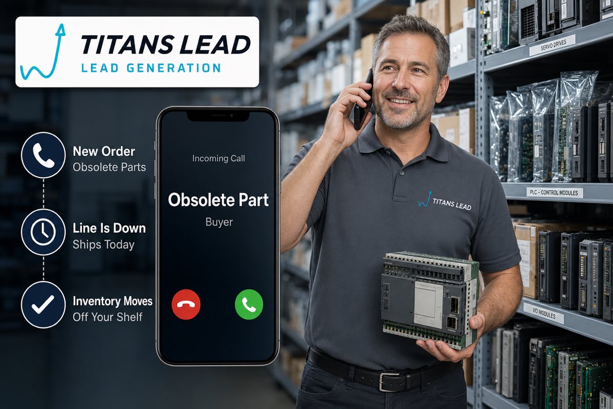 An obsolete industrial parts dealer in his warehouse taking a call from a buyer who needs a discontinued PLC module shipped today.