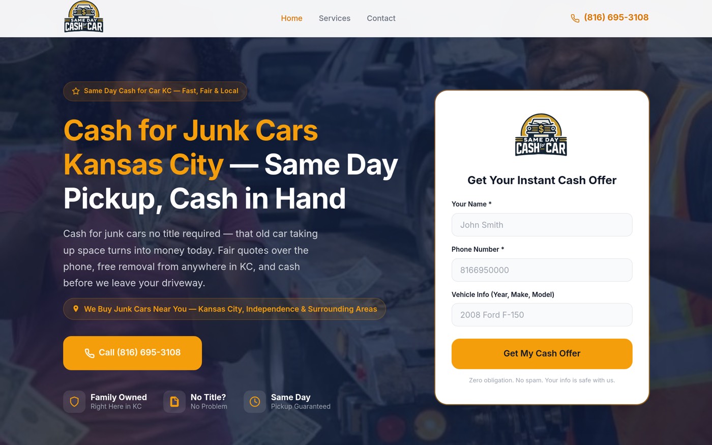 Same Day Cash for Cars KC website — junk car buyer