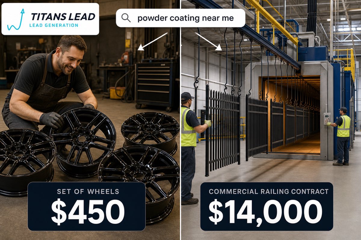 One search for powder coating near me leads to two very different jobs: a $450 set of powder-coated alloy wheels and a $14,000 commercial handrail and fence contract on an industrial coating line.