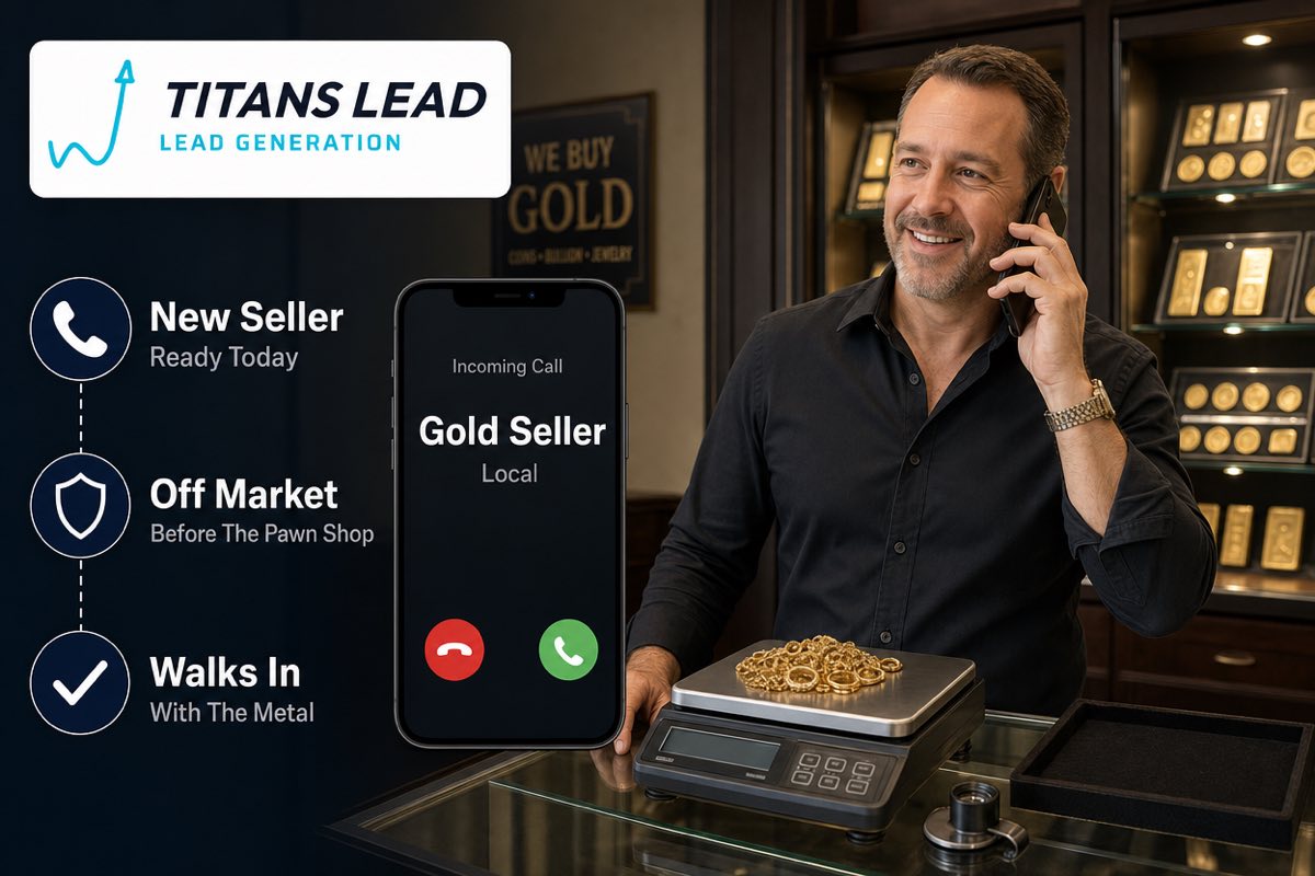 A precious metals dealer behind his counter taking a call from a local seller, with gold chains on a precision scale and a jeweller's loupe beside him.