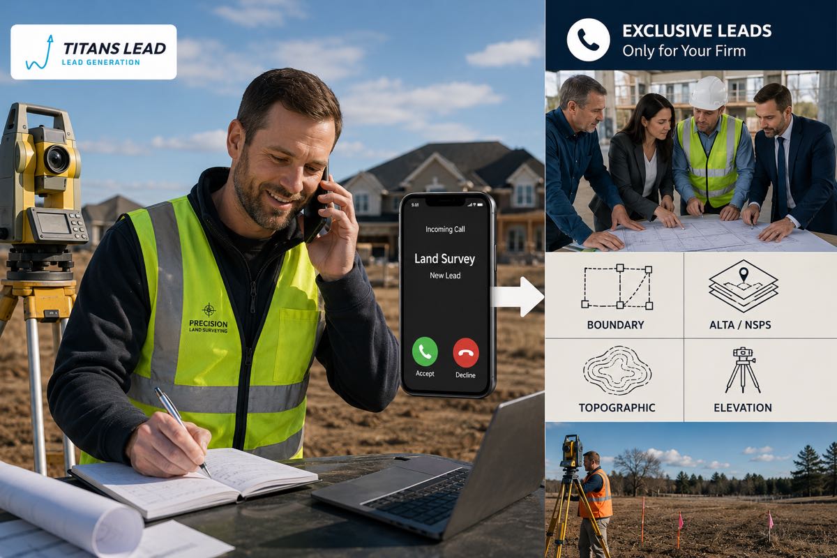 A licensed surveyor taking a new land survey lead — exclusive leads only for your firm, covering boundary, ALTA/NSPS, topographic, and elevation surveys.