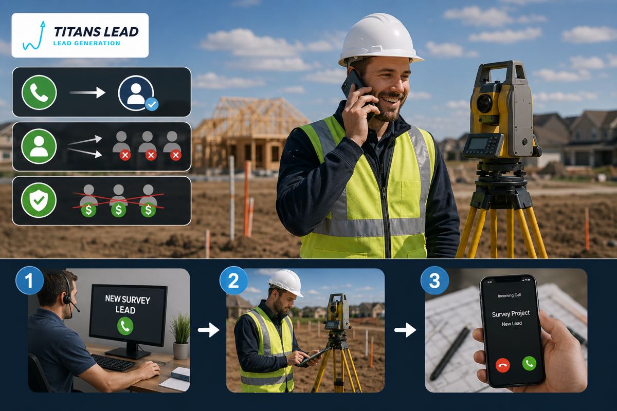 How it works: a new survey lead comes in, your surveyor handles the job, and the client books your firm — exclusive leads, never shared.