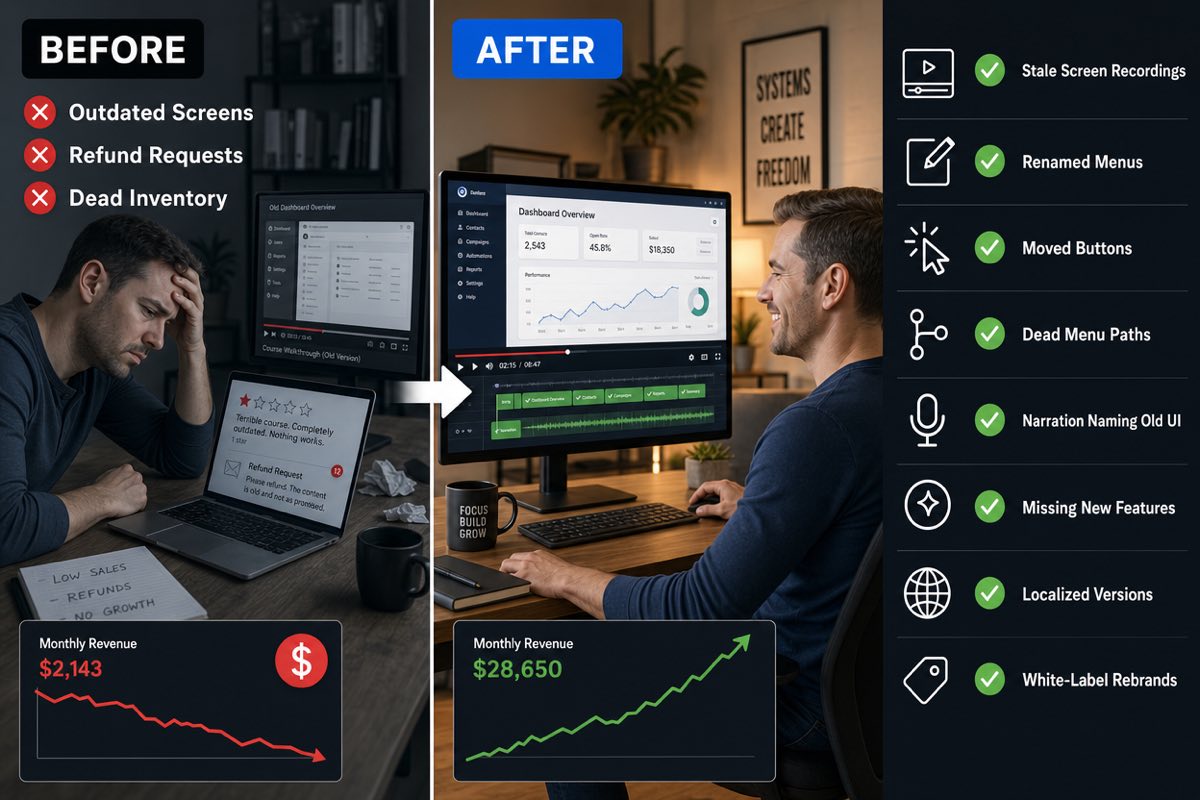 Before and after: from outdated screen recordings, refund requests and dead course inventory, to a current library with every segment human-approved.