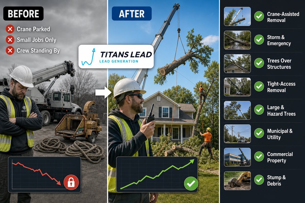 Before and after: from a parked crane and small jobs only, to a busy tree company running crane-assisted removals, storm work, trees over structures, tight-access jobs, hazard trees, municipal and commercial contracts and stump removal.