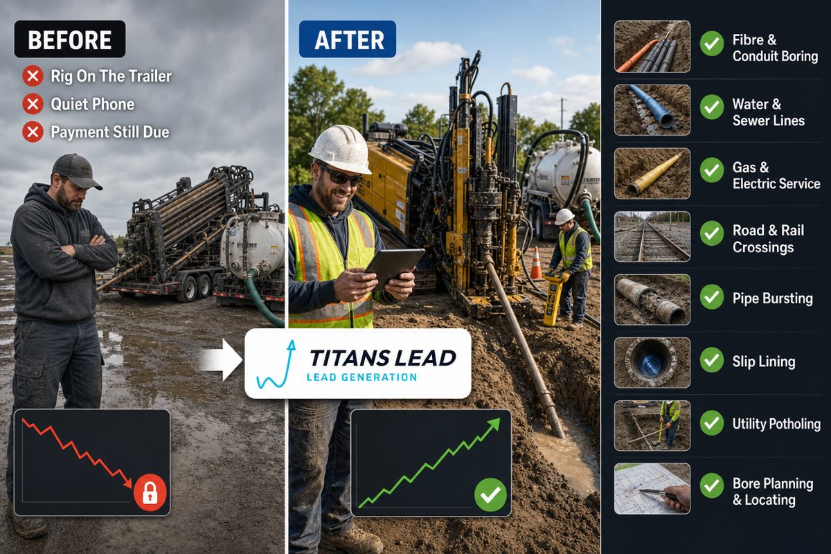 Before and after: from a drill rig strapped to a trailer with a quiet phone and payments still due, to an active bore site running fibre and conduit, water and sewer, gas and electric, road crossings, pipe bursting, slip lining, potholing and bore locating.