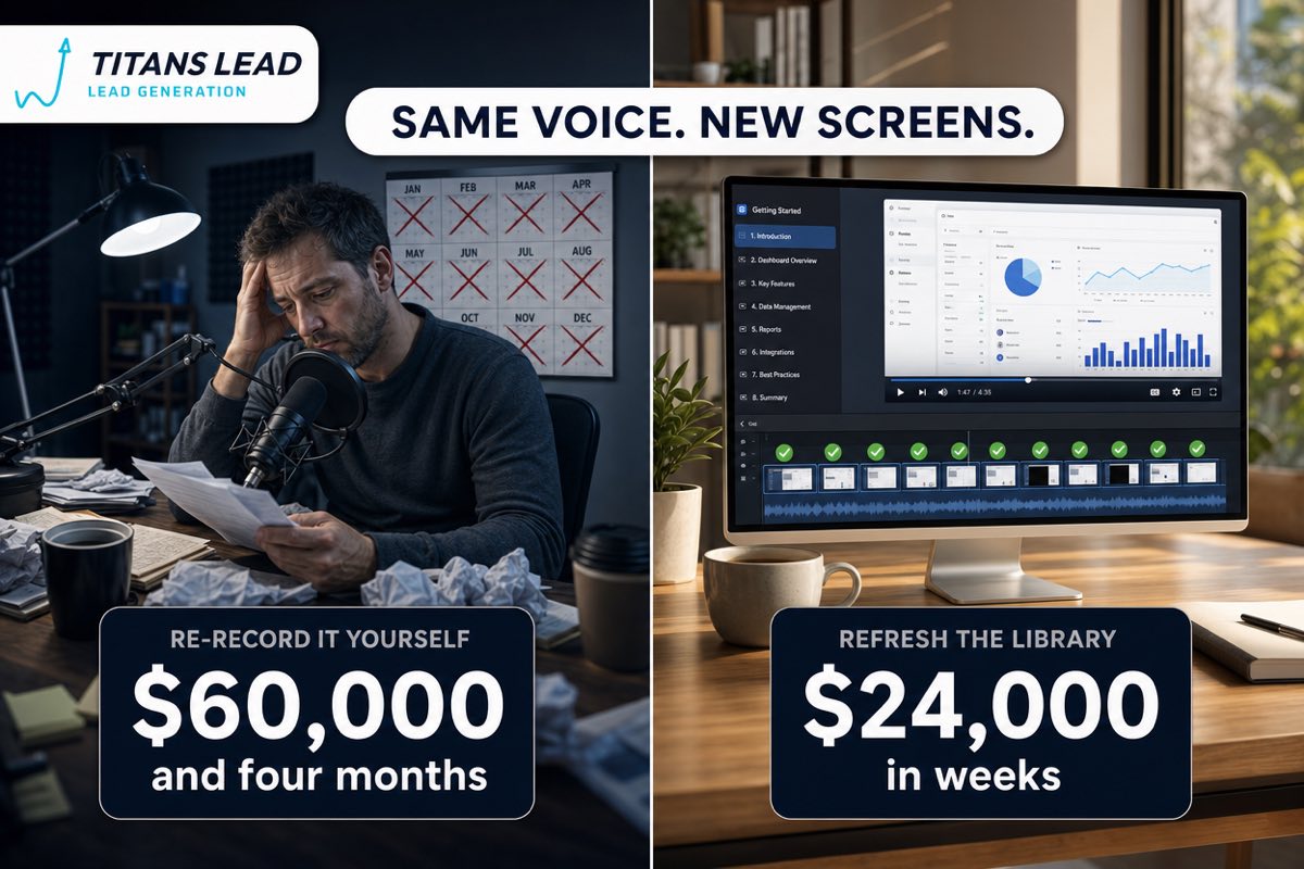 Same voice, new screens: re-recording a 200-video library yourself costs about $60,000 and four months, versus refreshing only the stale segments in weeks.