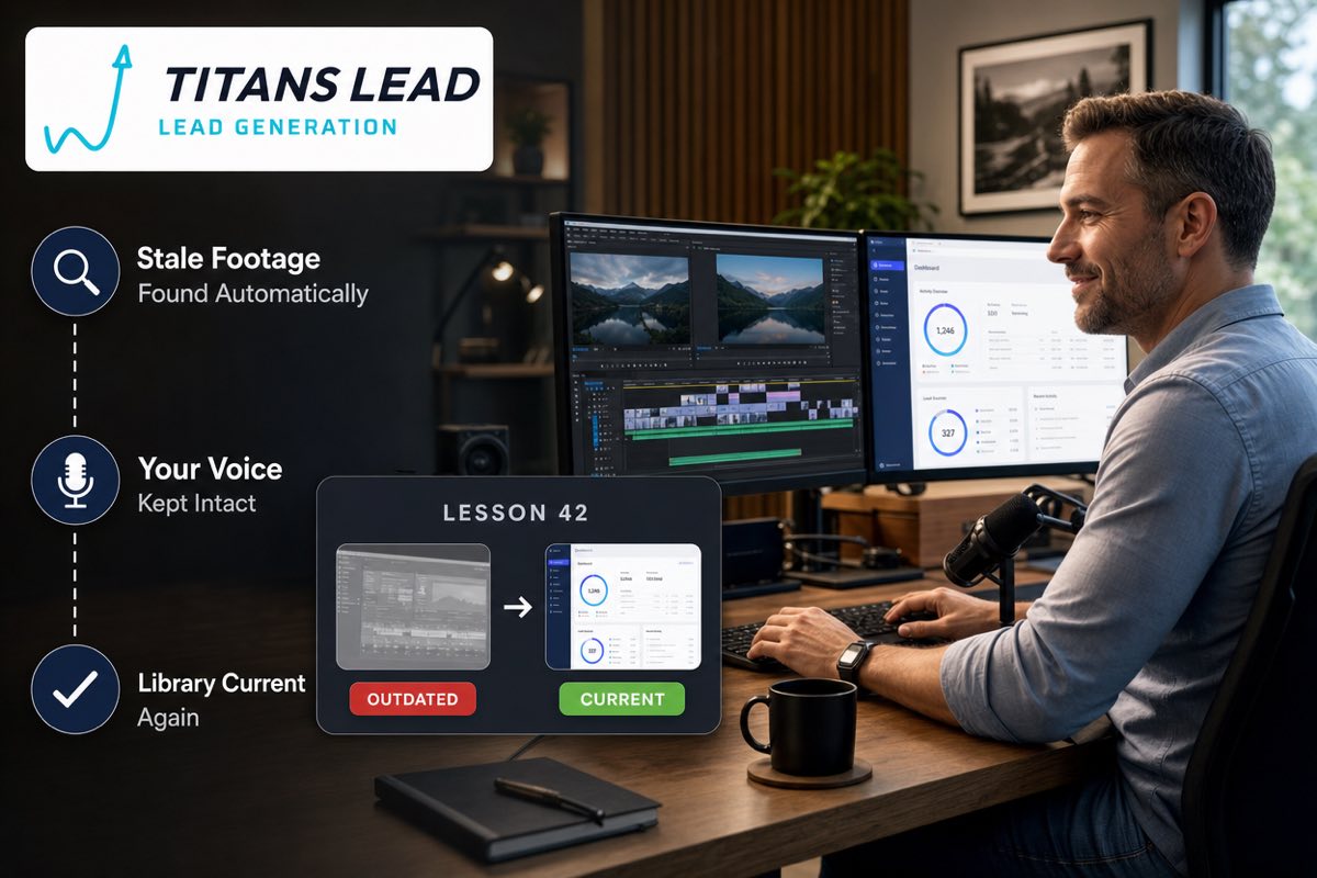 A course creator at his editing desk reviewing a tutorial video where an outdated screen recording is being replaced with the current interface.