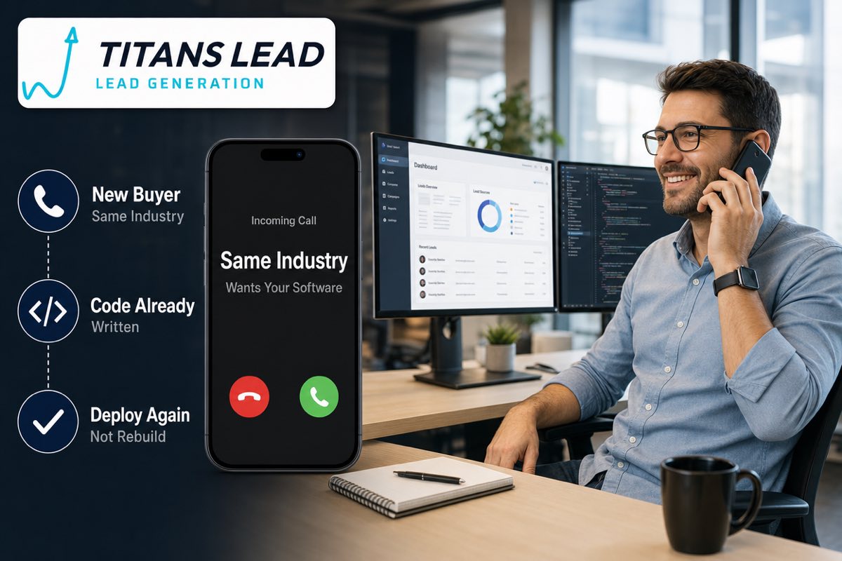 A software developer at his desk taking a call from a business in the same industry that wants the software he has already built.