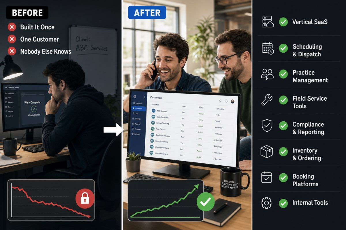 Before and after: from software built once for a single customer that nobody else knows about, to a product with multiple customer accounts across vertical SaaS, scheduling, practice management, field service, compliance, inventory, booking and internal tools.