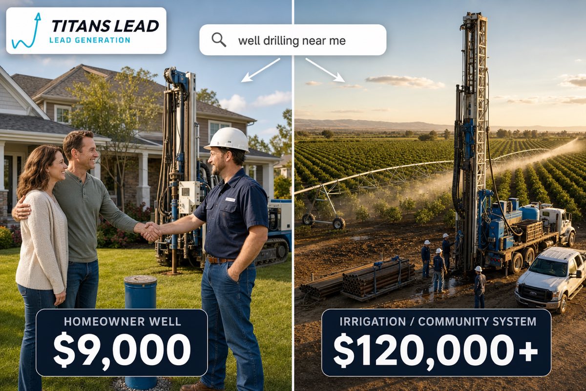 One search for well drilling near me leads to two very different jobs: a $9,000 homeowner water well in a suburban yard, and a $120,000-plus irrigation and community water system drilled for a large orchard.