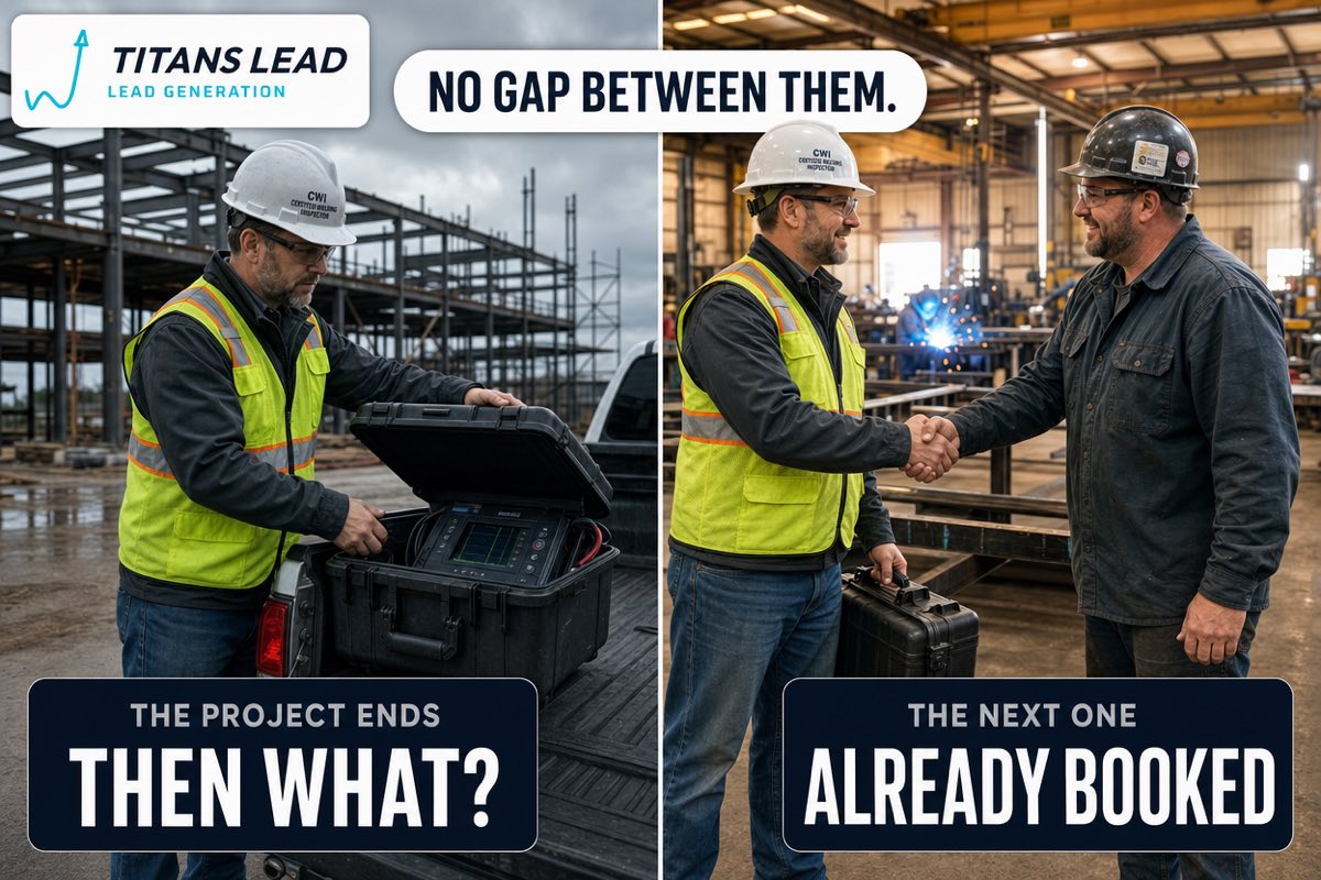 A certified welding inspector packing his ultrasonic equipment away as a project ends with nothing lined up, versus arriving at a fabrication shop for the next job already booked.