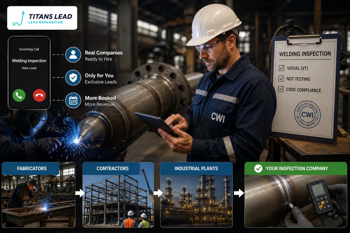 A Certified Welding Inspector taking a new lead — exclusive leads only for your company, covering visual (VT), NDT, and code compliance for fabricators, contractors, and industrial plants.