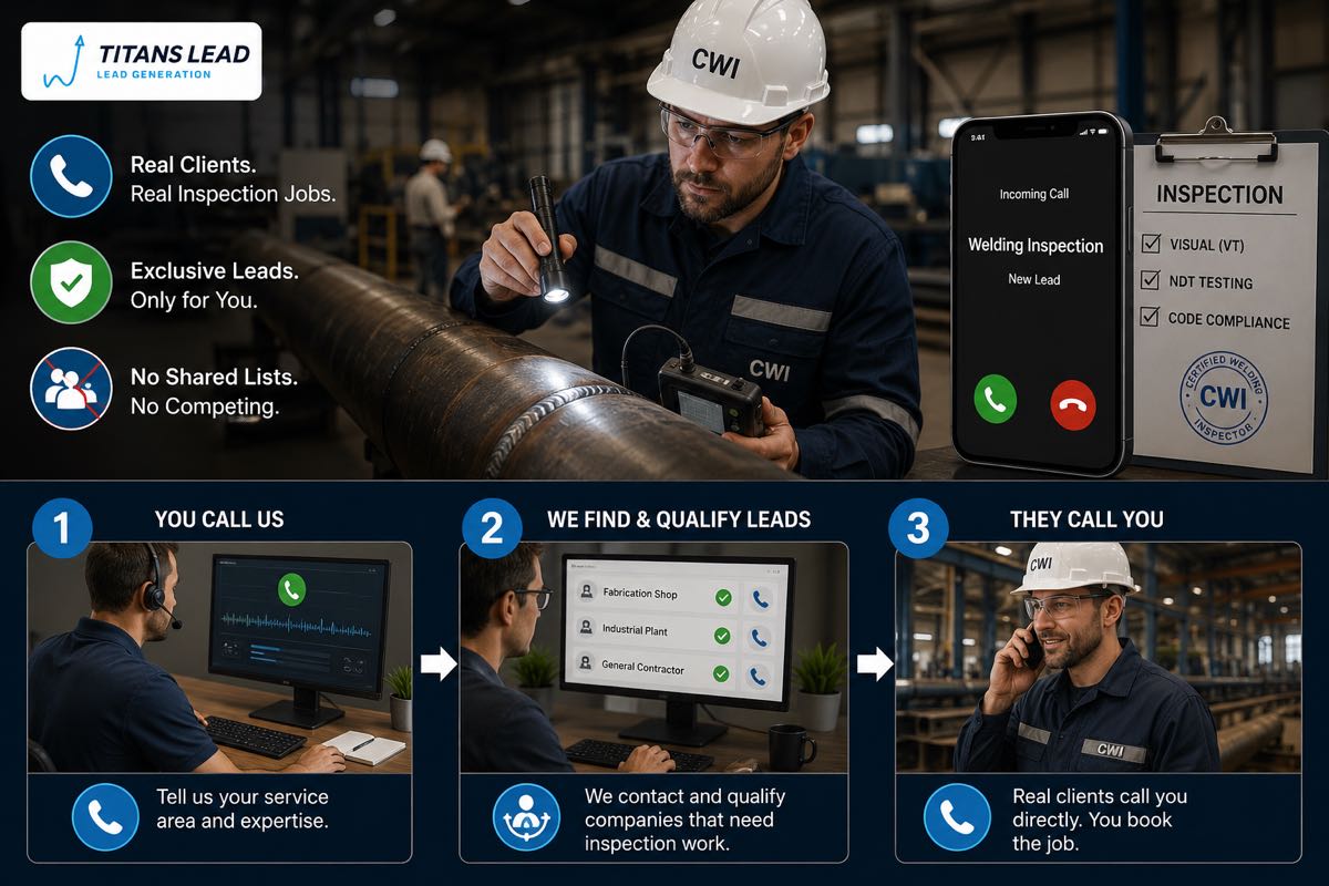 How it works: you call us with your service area and expertise, we find and qualify companies that need inspection, and real clients call you directly to book the job.