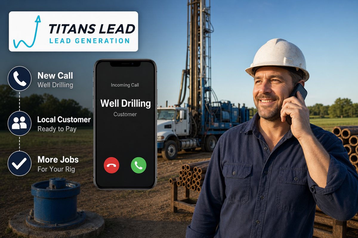 A well drilling contractor on a job site taking a new call from a local customer ready to pay — more drilling jobs for your rig.