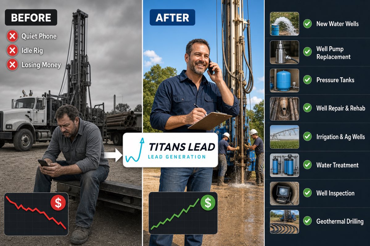 Before and after: from a quiet phone, an idle drilling rig, and losing money to a busy well drilling company — new water wells, pump replacement, pressure tanks, well repair, irrigation wells, water treatment, inspection, and geothermal drilling.